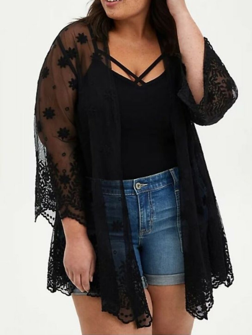 TORRID Sheer Black Embroidered Duster Kimono...Size:3/4